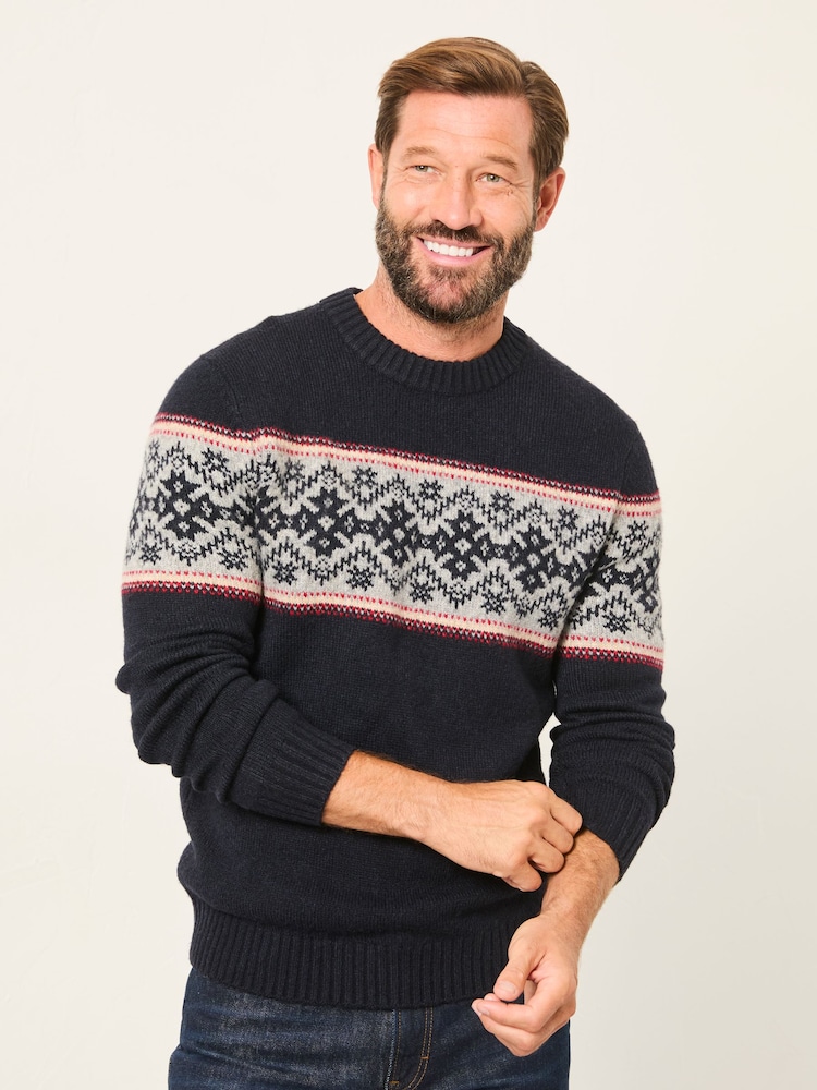 FatFace Navy Snowflake Fairisle Knitted Half Neck Jumper - Image 1 of 5 FatFace Navy Snowflake Fairisle Knitted Half Neck Jumper - Image 1 of 5
