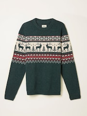 FatFace Dark Green Reindeer Fairisle Knitted Crew Jumper - Image 1 of 1