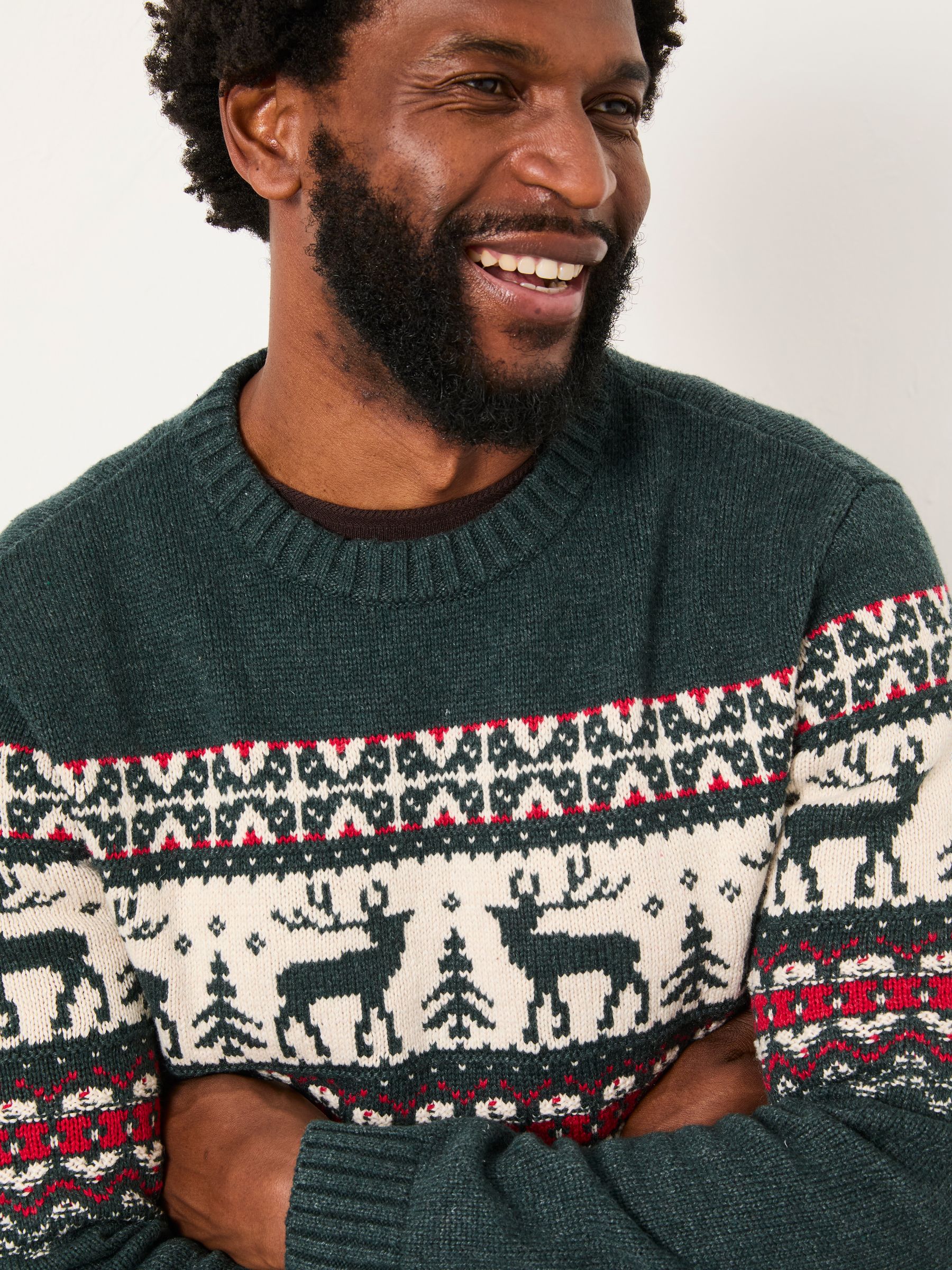FatFace Dark Green Reindeer Fairisle Knitted Crew Jumper - Cotton/Polyester/Wool Blend