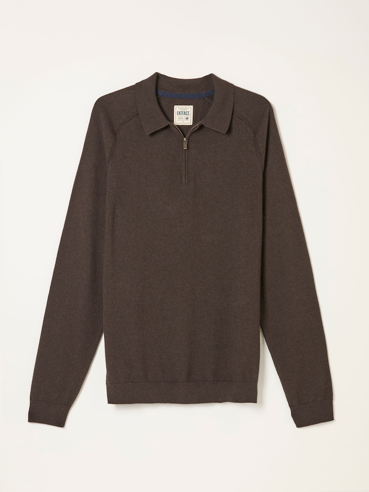 FatFace Rye Chocolate Brown Zip Collar Knitted Polo Jumper - Image 1 of 1 FatFace Rye Chocolate Brown Zip Collar Knitted Polo Jumper - Image 1 of 1