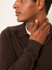 FatFace Rye Chocolate Brown Zip Collar Knitted Polo Jumper - Image 2 of 5