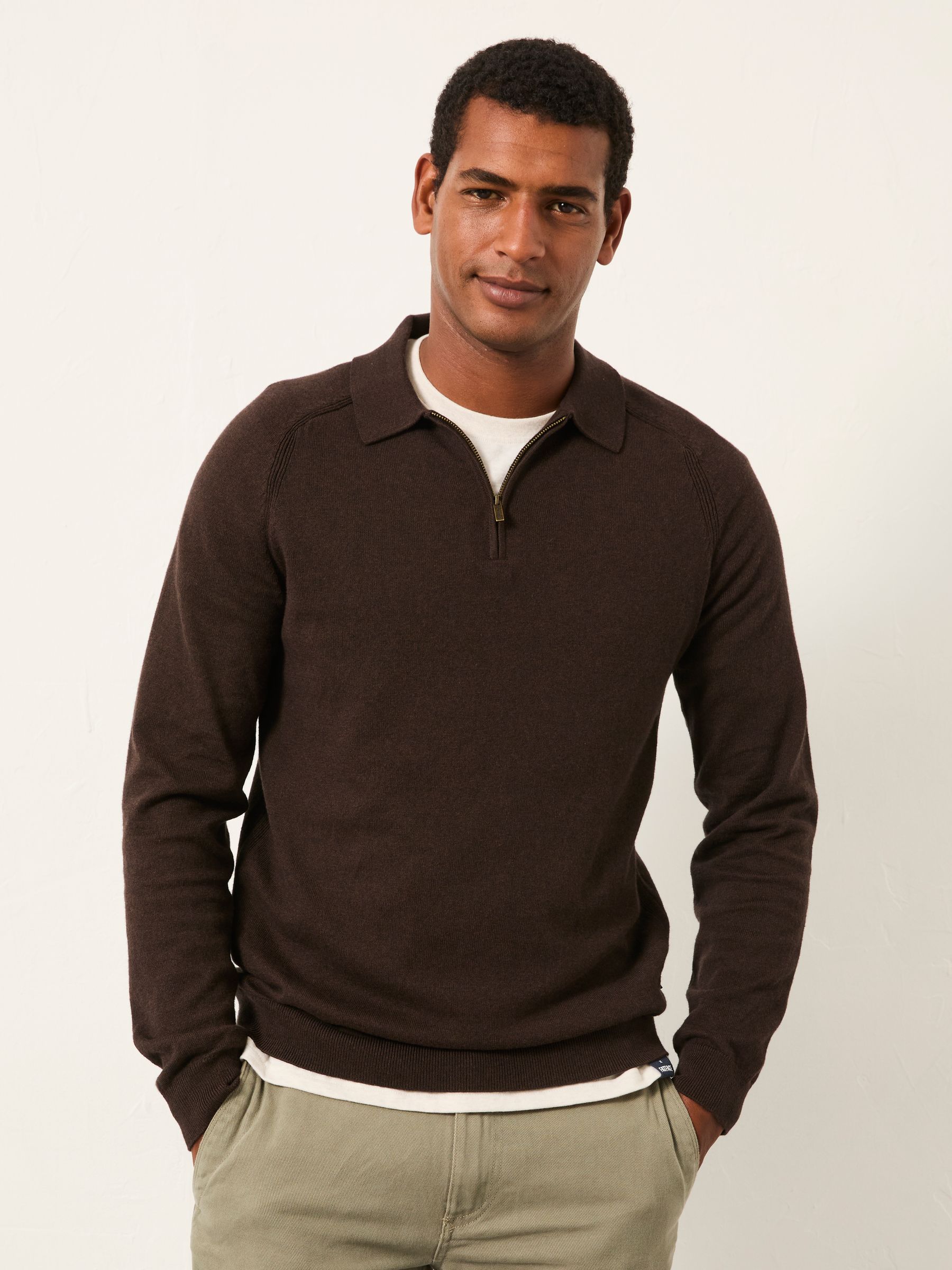 Buy FatFace Rye Chocolate Brown Zip Collar Knitted Polo Jumper
