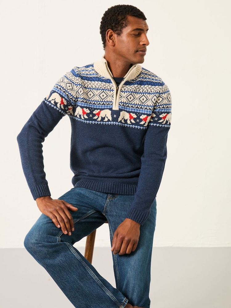 FatFace Navy Polar Bear Knitted Fairisle Half Neck Jumper - Image 1 of 6