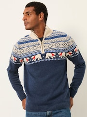 FatFace Navy Polar Bear Knitted Fairisle Half Neck Jumper - Image 4 of 6