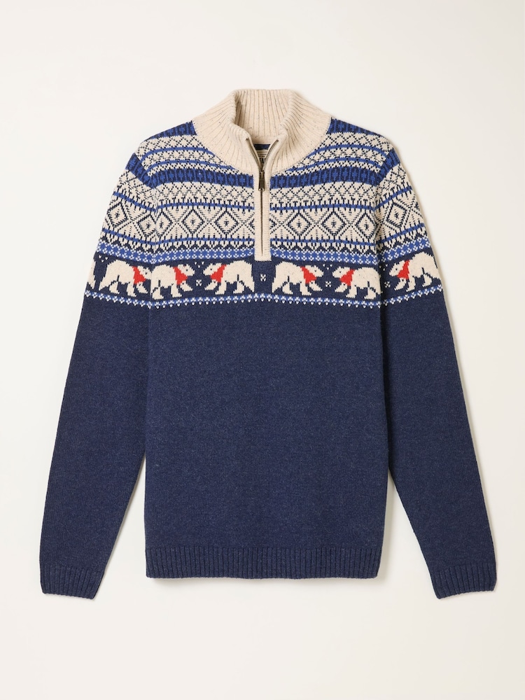 FatFace Navy Polar Bear Knitted Fairisle Half Neck Jumper - Image 6 of 6