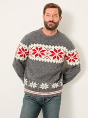 FatFace Grey Shelter Snowflake Fairisle Crew Neck Knitted Jumper - Image 1 of 5