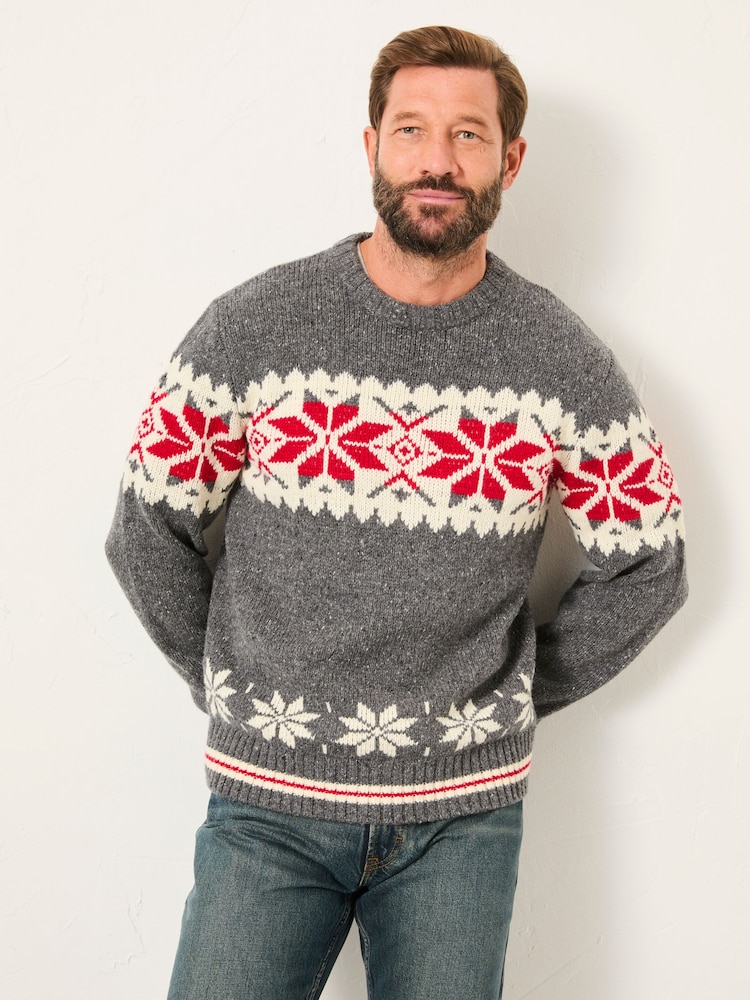 FatFace Grey Shelter Snowflake Fairisle Crew Neck Knitted Jumper - Image 1 of 5