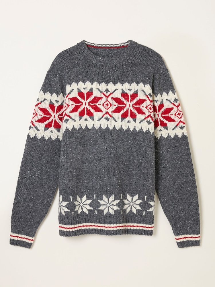 FatFace Grey Shelter Snowflake Fairisle Crew Neck Knitted Jumper - Image 5 of 5