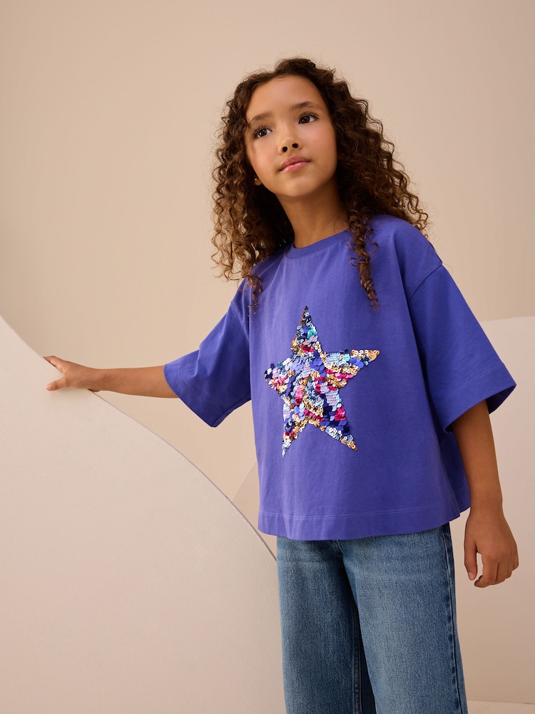 Cobalt Blue Sequin Star T-Shirt (3-16yrs) - Image 1 of 3