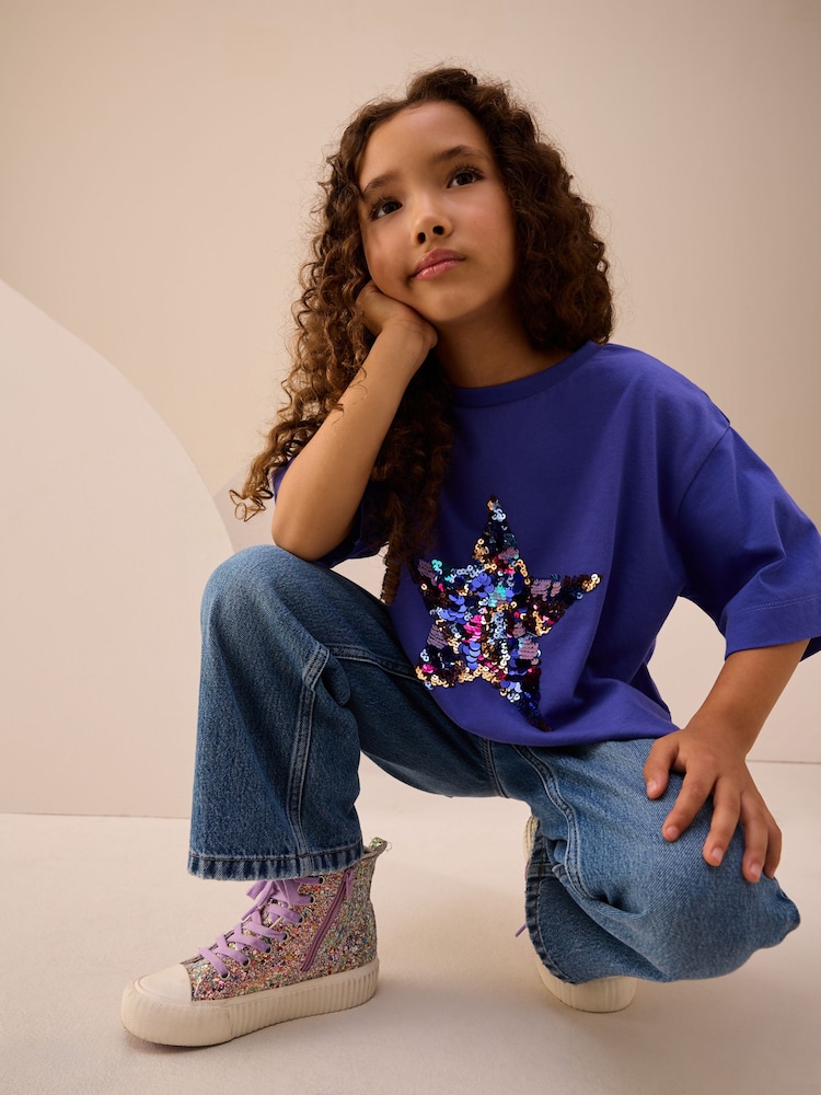 Cobalt Blue Sequin Star T-Shirt (3-16yrs) - Image 2 of 3