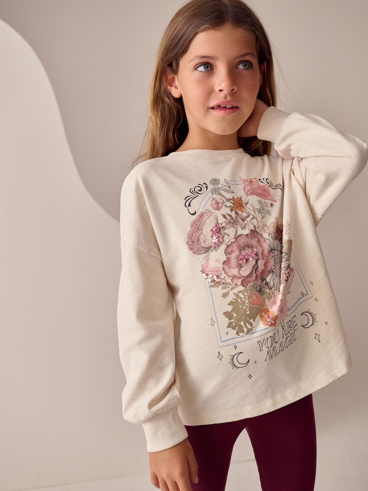 Ecru Floral Sequin Long Sleeve Top (3-16yrs) - Image 1 of 4