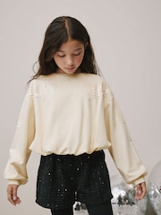 Cream Long Sleeve Sequin Bubble Hem Sweat Top (3-16yrs) - Image 1 of 7