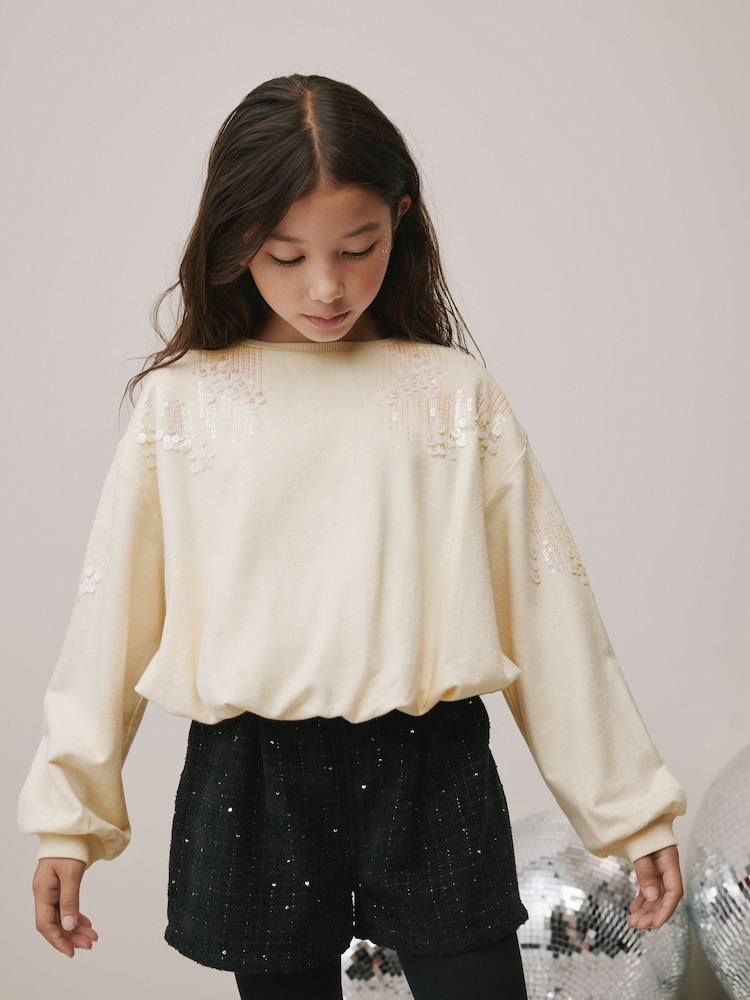 Cream Long Sleeve Sequin Bubble Hem Sweat Top (3-16yrs) - Image 1 of 7