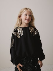 Black Long Sleeve Sequin Bubble Hem Sweat Top (3-16yrs) - Image 1 of 8