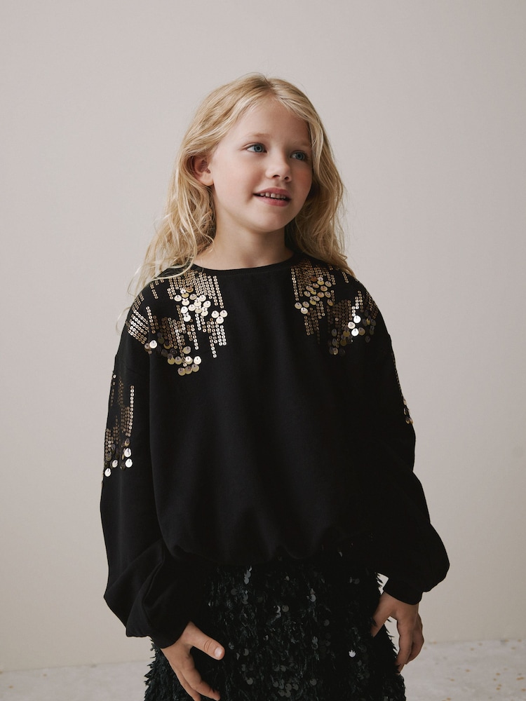 Black Long Sleeve Sequin Bubble Hem Sweat Top (3-16yrs) - Image 1 of 8