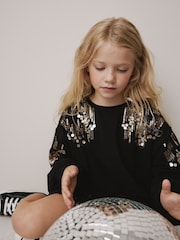 Black Long Sleeve Sequin Bubble Hem Sweat Top (3-16yrs) - Image 2 of 8