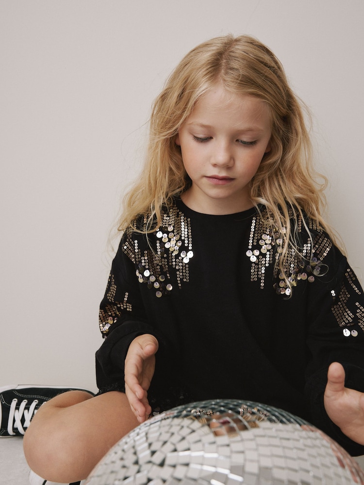 Black Long Sleeve Sequin Bubble Hem Sweat Top (3-16yrs) - Image 2 of 8