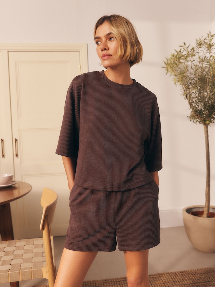 Chocolate Brown Textured Short Pyjamas Set - Image 2 of 8 Chocolate Brown Textured Short Pyjamas Set - Image 2 of 8
