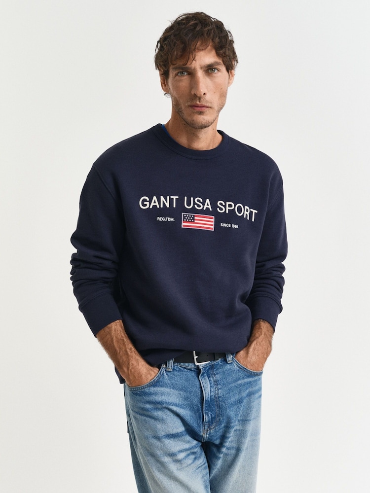 GANT Blue Crew Neck Graphic Jumper - Image 2 of 4