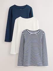 Navy/White Stripe Long Sleeve Ribbed Tops 3 Pack (3-16yrs) - Image 1 of 10