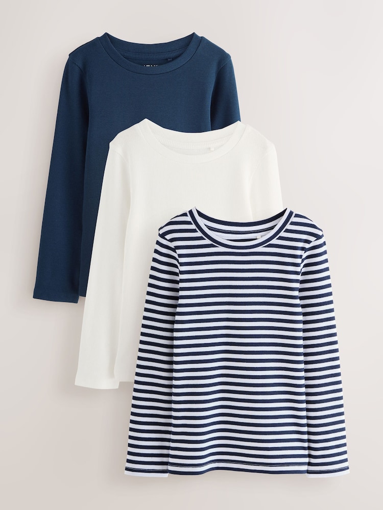 Navy/White Stripe Long Sleeve Ribbed Tops 3 Pack (3-16yrs) - Image 1 of 10