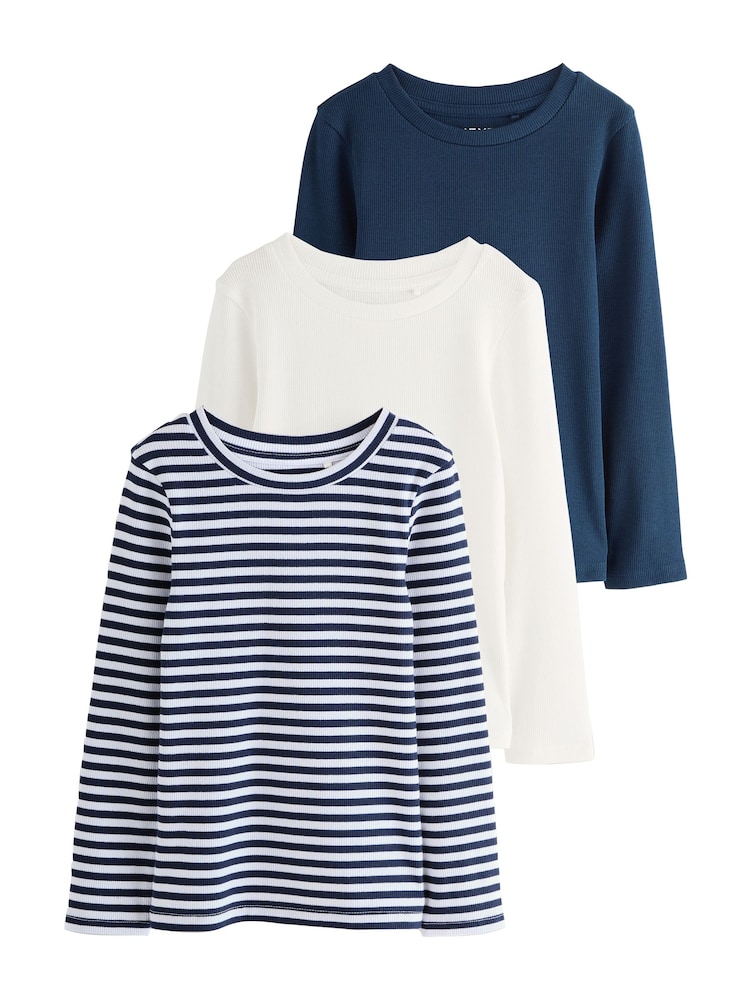 Navy/White Stripe Long Sleeve Ribbed Tops 3 Pack (3-16yrs) - Image 10 of 10