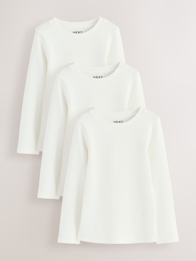 White Long Sleeve Ribbed Tops 3 Pack (3-16yrs) - Image 1 of 5 White Long Sleeve Ribbed Tops 3 Pack (3-16yrs) - Image 1 of 5
