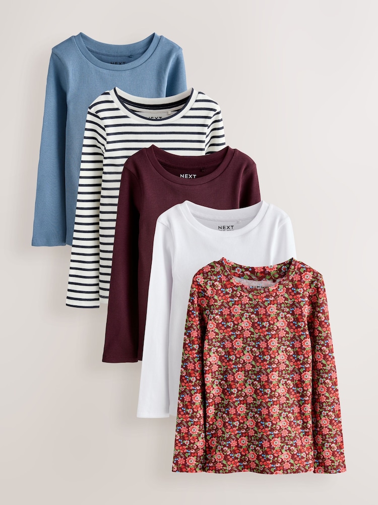 Floral Ribbed Long Sleeve Tops 5 Pack (3-16yrs) - Image 1 of 9 Floral Ribbed Long Sleeve Tops 5 Pack (3-16yrs) - Image 1 of 9