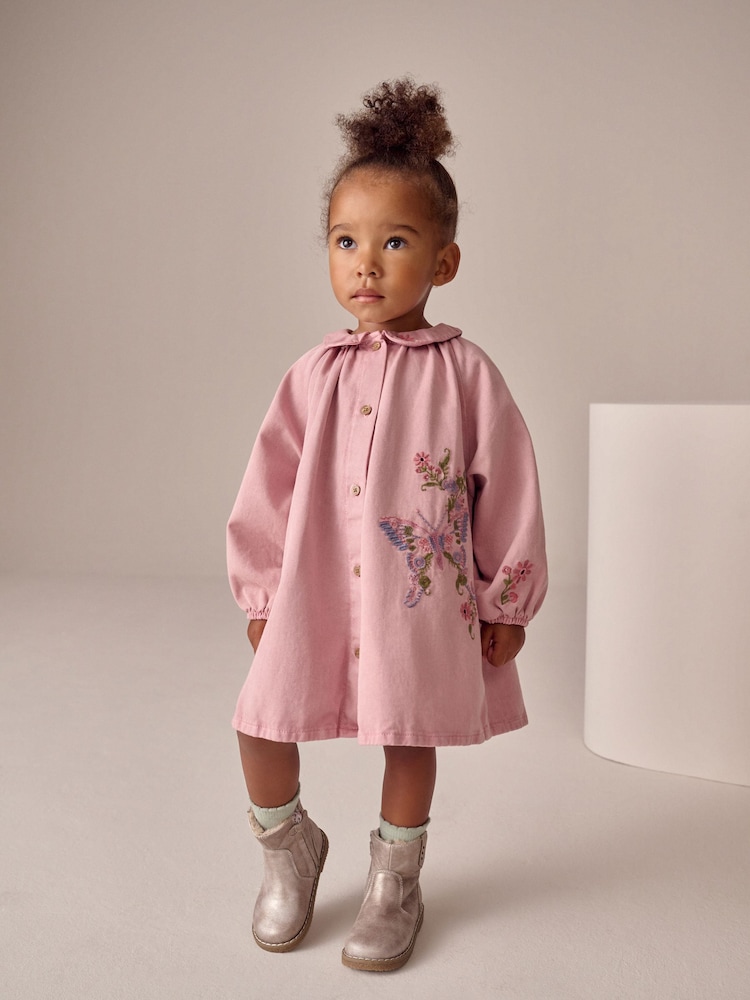 Pink Butterfly Embroidery Shirt Dress (3mths-8yrs) - Image 1 of 4 Pink Butterfly Embroidery Shirt Dress (3mths-8yrs) - Image 1 of 4