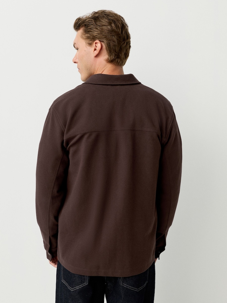 Chocolate Brown Jersey Twill Popper Shacket - Image 2 of 9