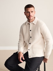 Ecru White Regular Fit Signature 100% Merino Wool Collared Cardigan - Image 1 of 8