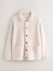 Ecru White Regular Fit Signature 100% Merino Wool Collared Cardigan - Image 6 of 8