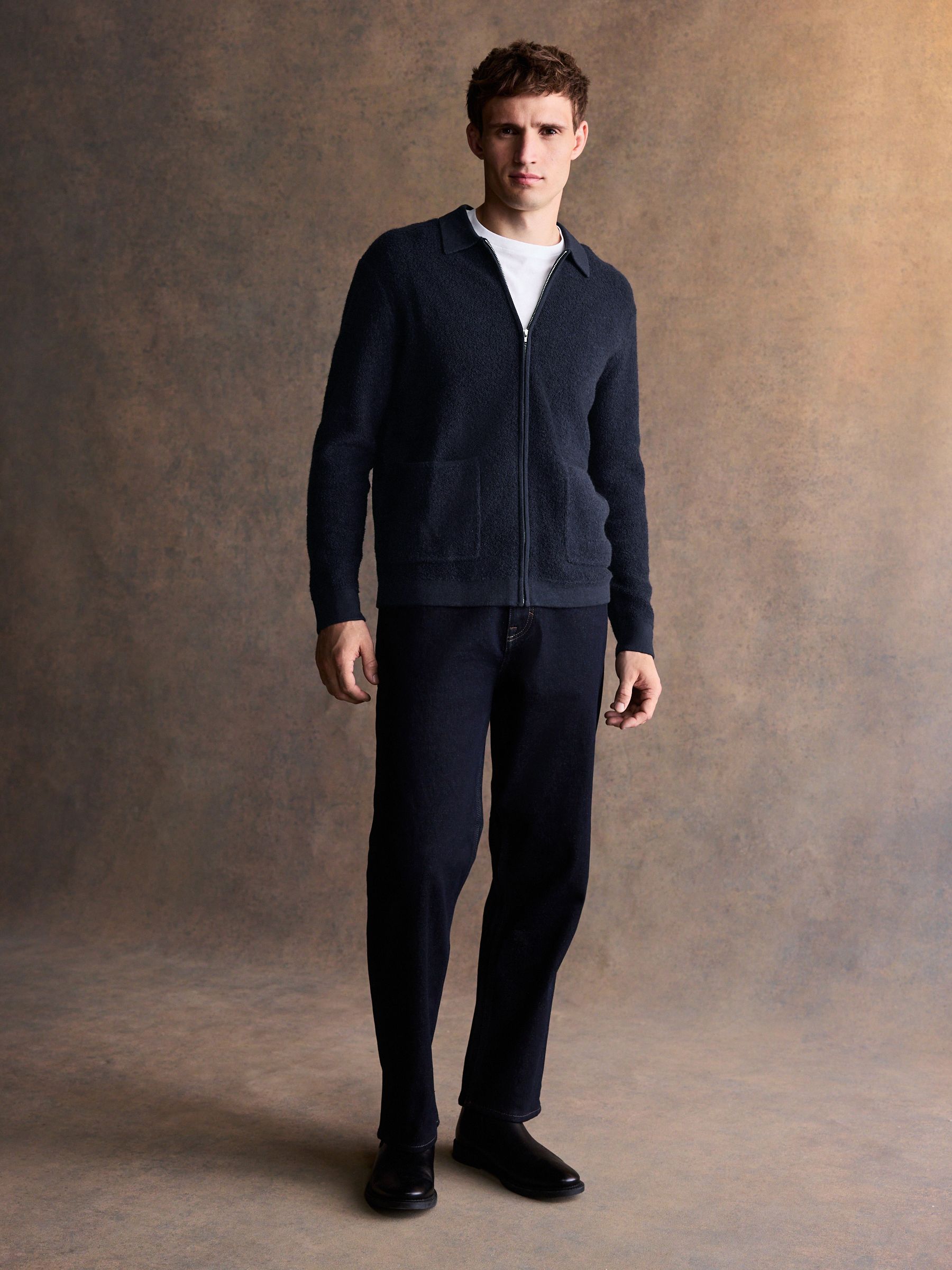 Buy Navy Blue Regular Fit Signature Boiled Wool Blend Collared Zip