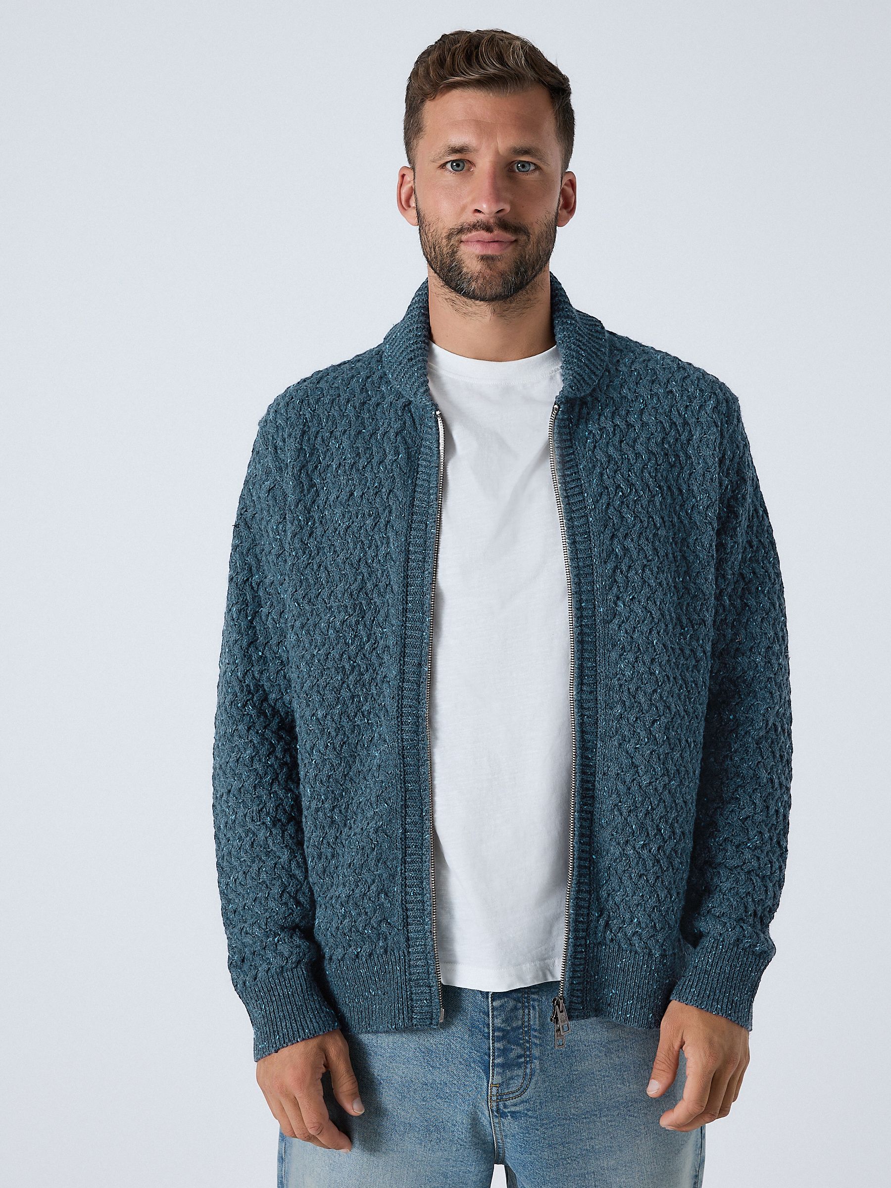 Buy Denim Blue Relaxed Fit Neppy Cable Double Zip Through Shawl