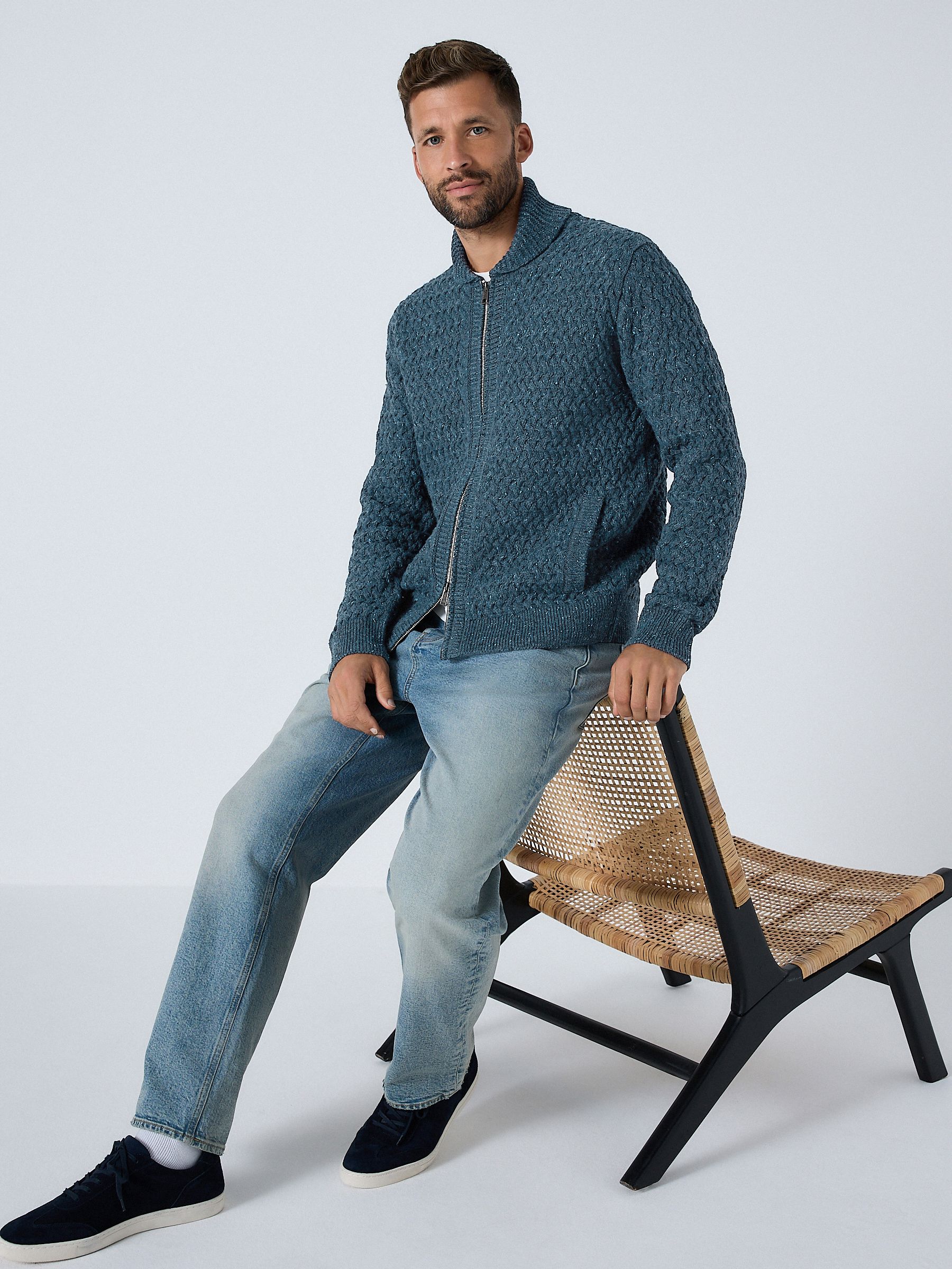 Buy Denim Blue Relaxed Fit Neppy Cable Double Zip Through Shawl