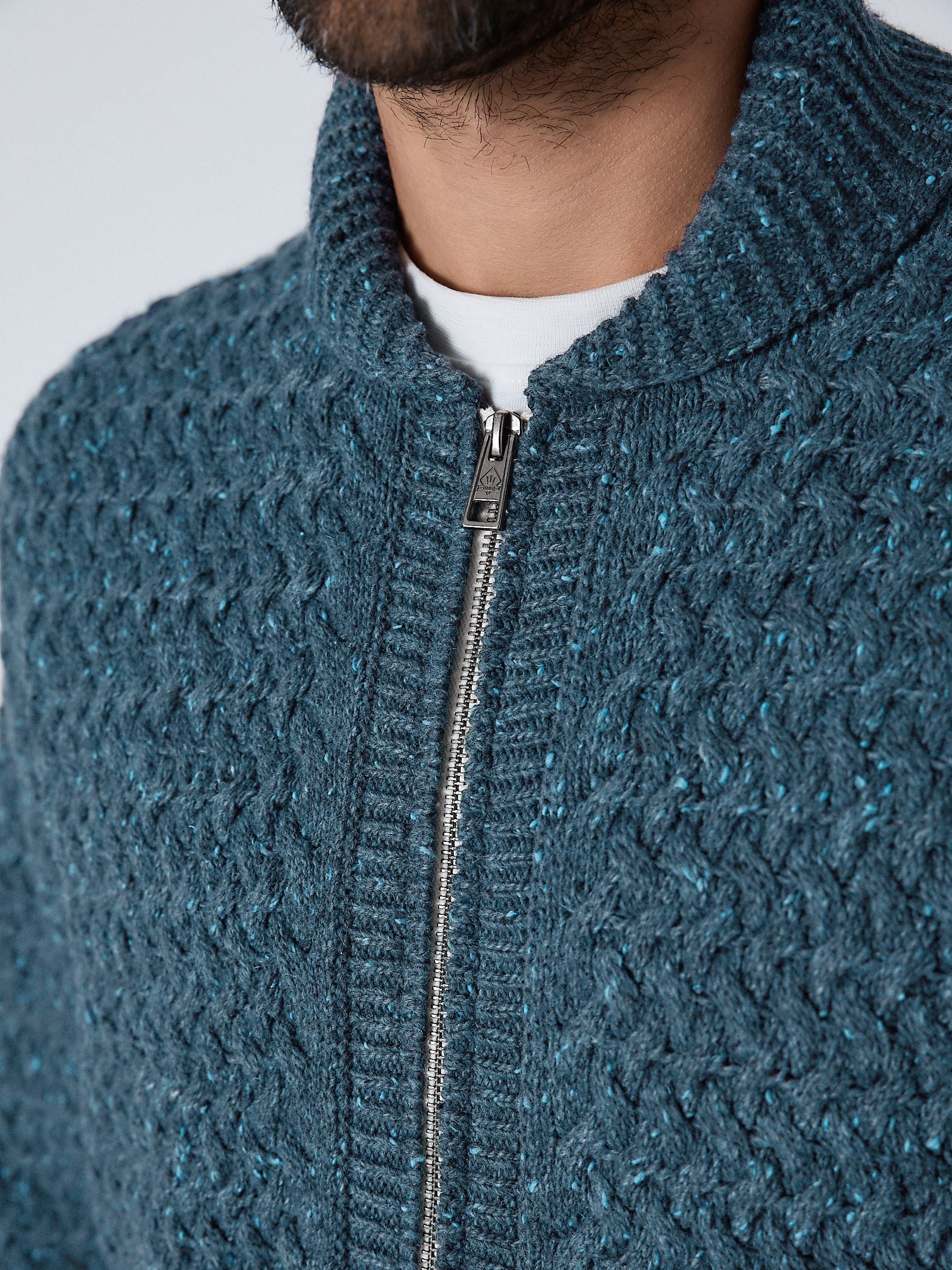 Buy Denim Blue Relaxed Fit Neppy Cable Double Zip Through Shawl