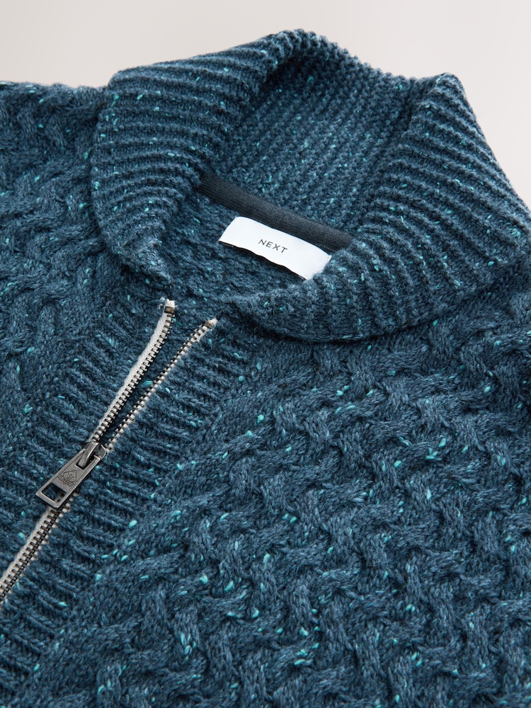 Denim Blue Regular Fit Neppy Cable Zip Through Shawl Cardigan with Wool - Image 8 of 8 Denim Blue Regular Fit Neppy Cable Zip Through Shawl Cardigan with Wool - Image 8 of 8