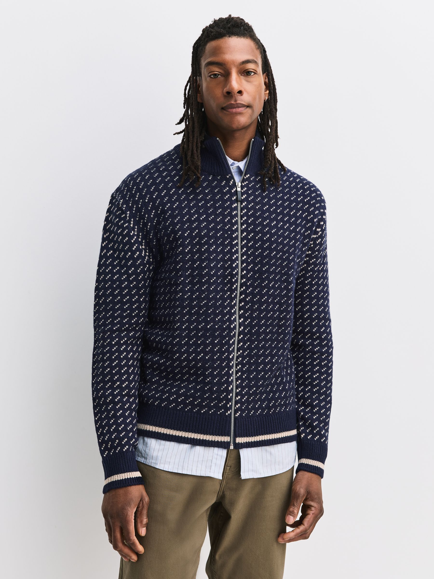 Buy Navy Blue/Ecru White Relaxed Fit Geometric Pattern Zip Through
