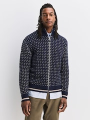 Navy Blue/Ecru White Relaxed Fit Geometric Pattern Zip Through Cardigan with Wool - Image 1 of 7