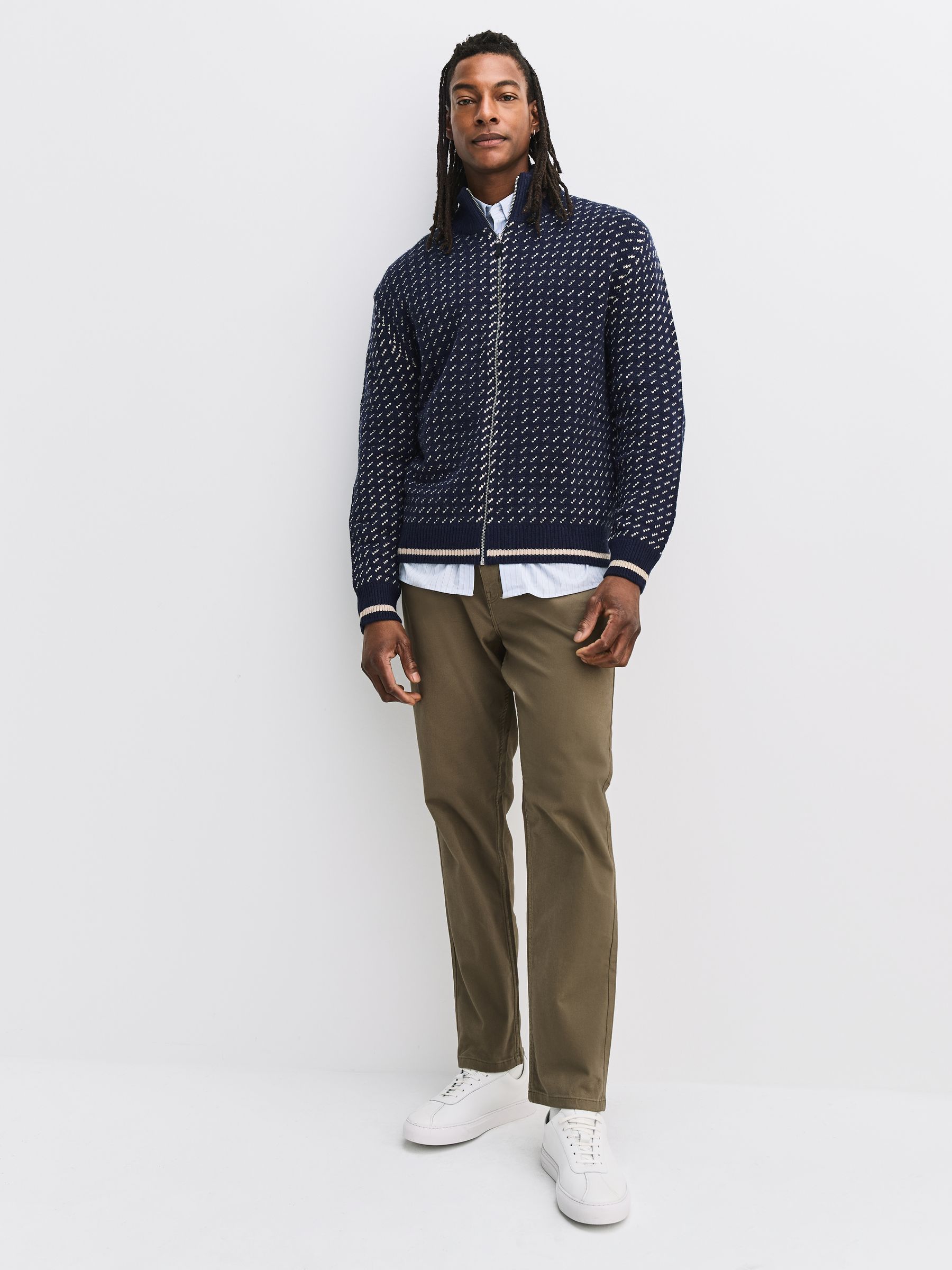 Buy Navy Blue/Ecru White Relaxed Fit Geometric Pattern Zip Through