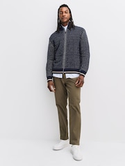 Navy Blue/Ecru White Relaxed Fit Geometric Pattern Zip Through Cardigan with Wool - Image 3 of 7