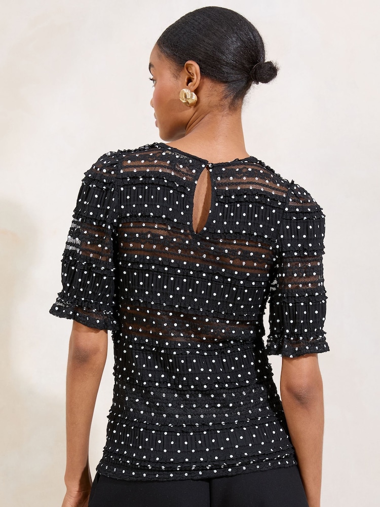 Lipsy Black Polka Dot Lace Crinkle Short Sleeve Top - Image 4 of 4