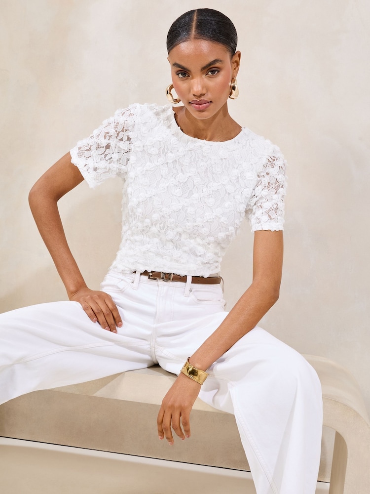 Lipsy Cream 3D Lace T-Shirt - Image 1 of 4