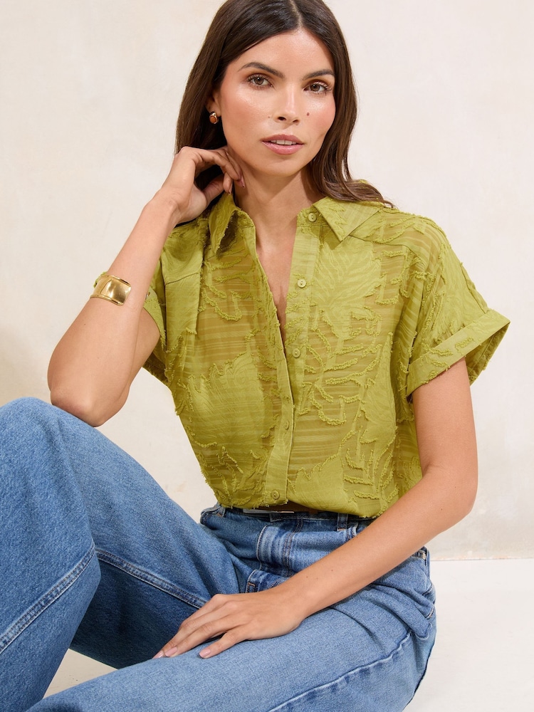 Lipsy Green Burnout Button Through Short Sleeve Shirt - Image 1 of 4