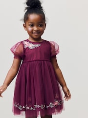 Berry Red Embroidered Mesh Party Dress (3mths-10yrs) - Image 1 of 9