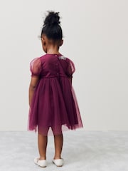 Berry Red Embroidered Mesh Party Dress (3mths-10yrs) - Image 3 of 9