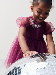Berry Red Embroidered Mesh Party Dress (3mths-10yrs) - Image 4 of 9
