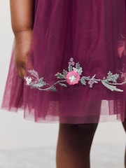 Berry Red Embroidered Mesh Party Dress (3mths-10yrs) - Image 5 of 9