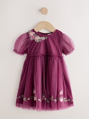 Berry Red Embroidered Mesh Party Dress (3mths-10yrs) - Image 6 of 9