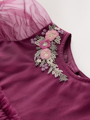 Berry Red Embroidered Mesh Party Dress (3mths-10yrs) - Image 8 of 9